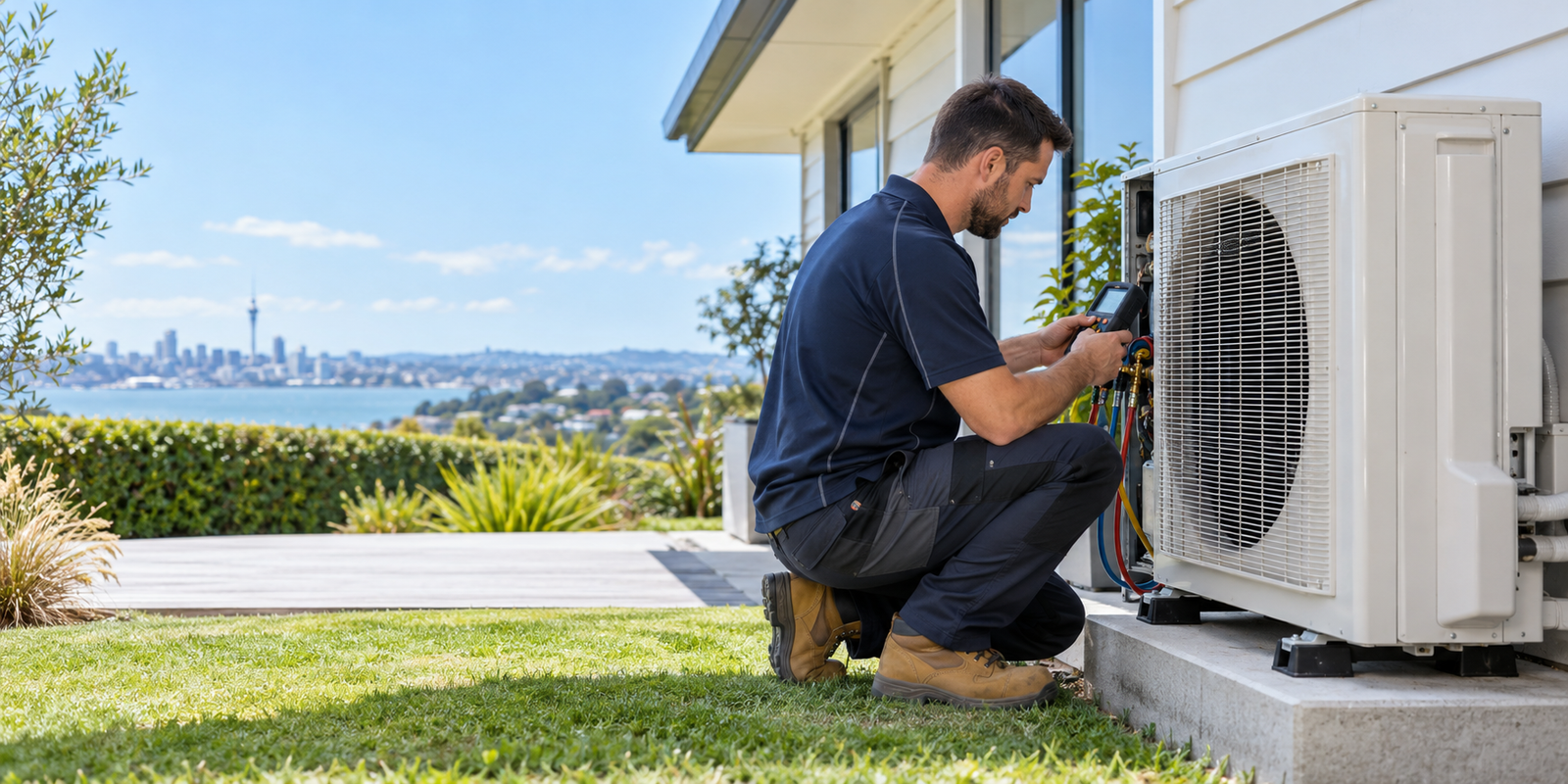 HVAC technician servicing an outdoor heat pump