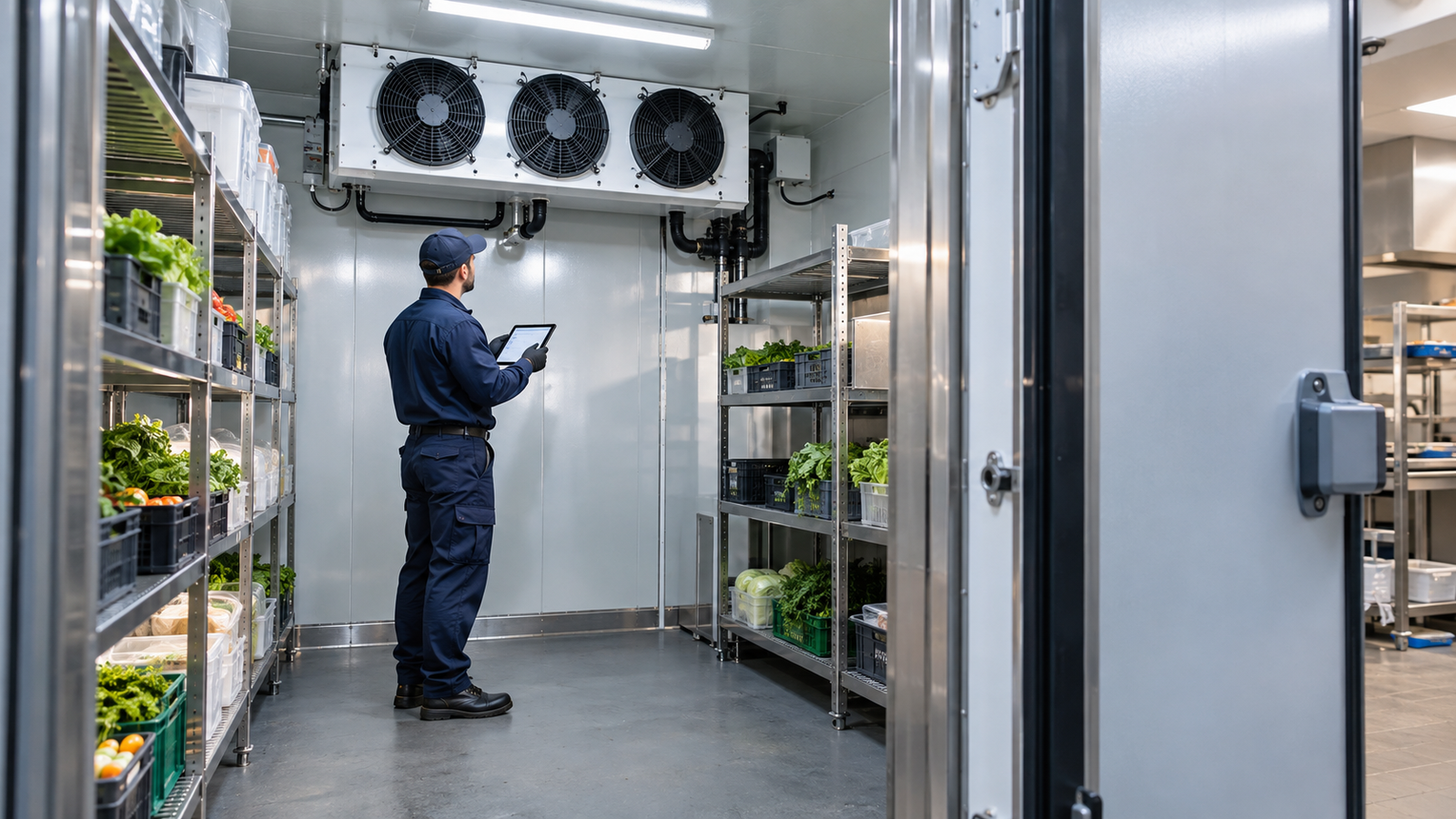 Technician servicing equipment in a commercial walk-in chiller