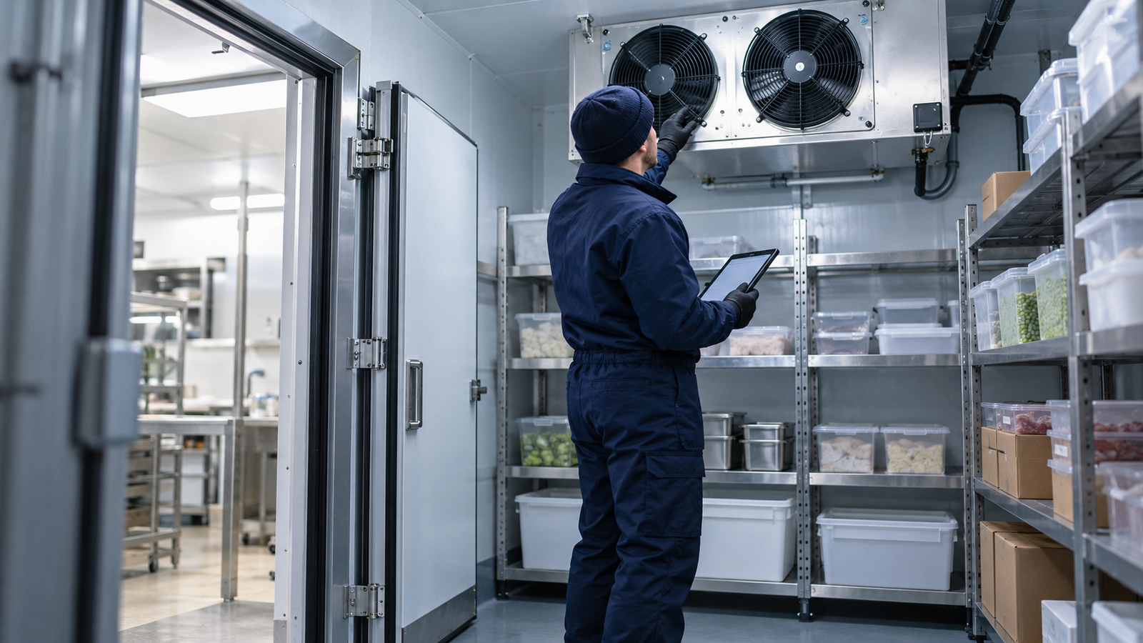 Technician servicing equipment in a commercial walk-in freezer